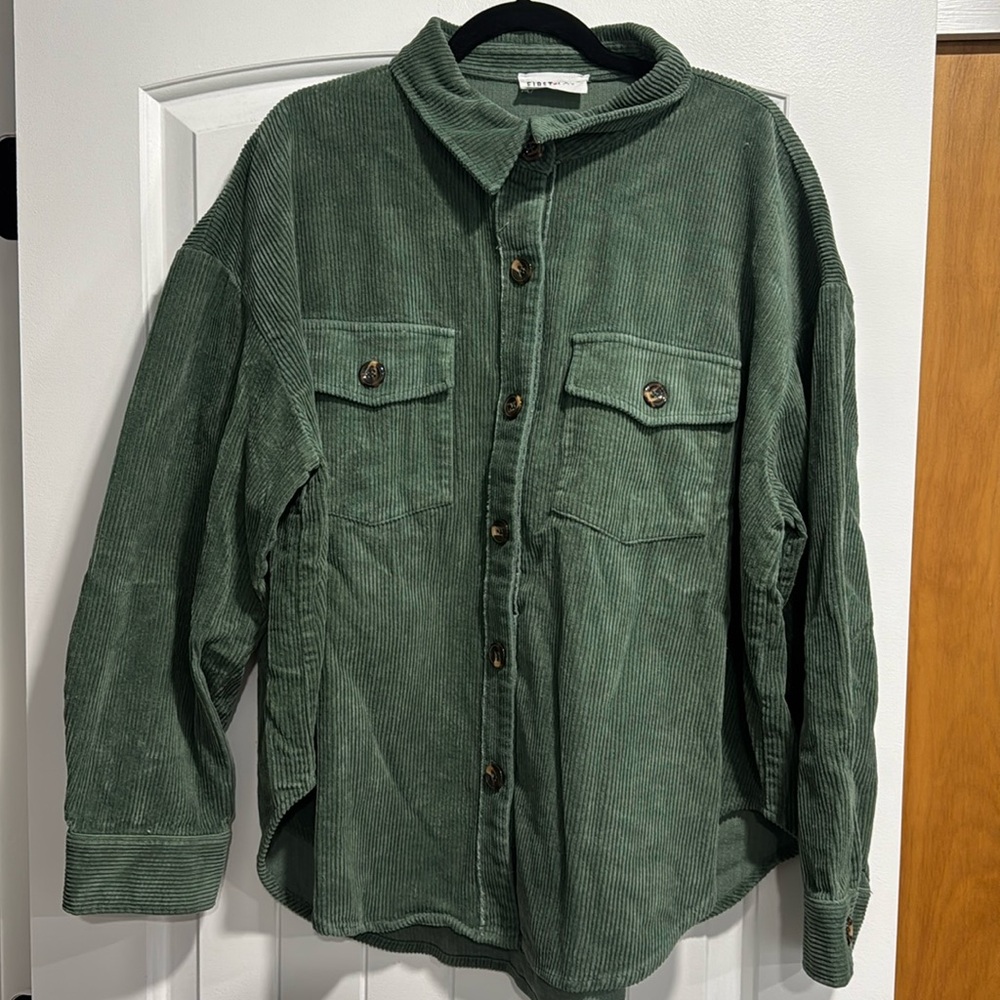 First Love Green Washed Corduroy, Long Sleeves, Button Closure Shacket